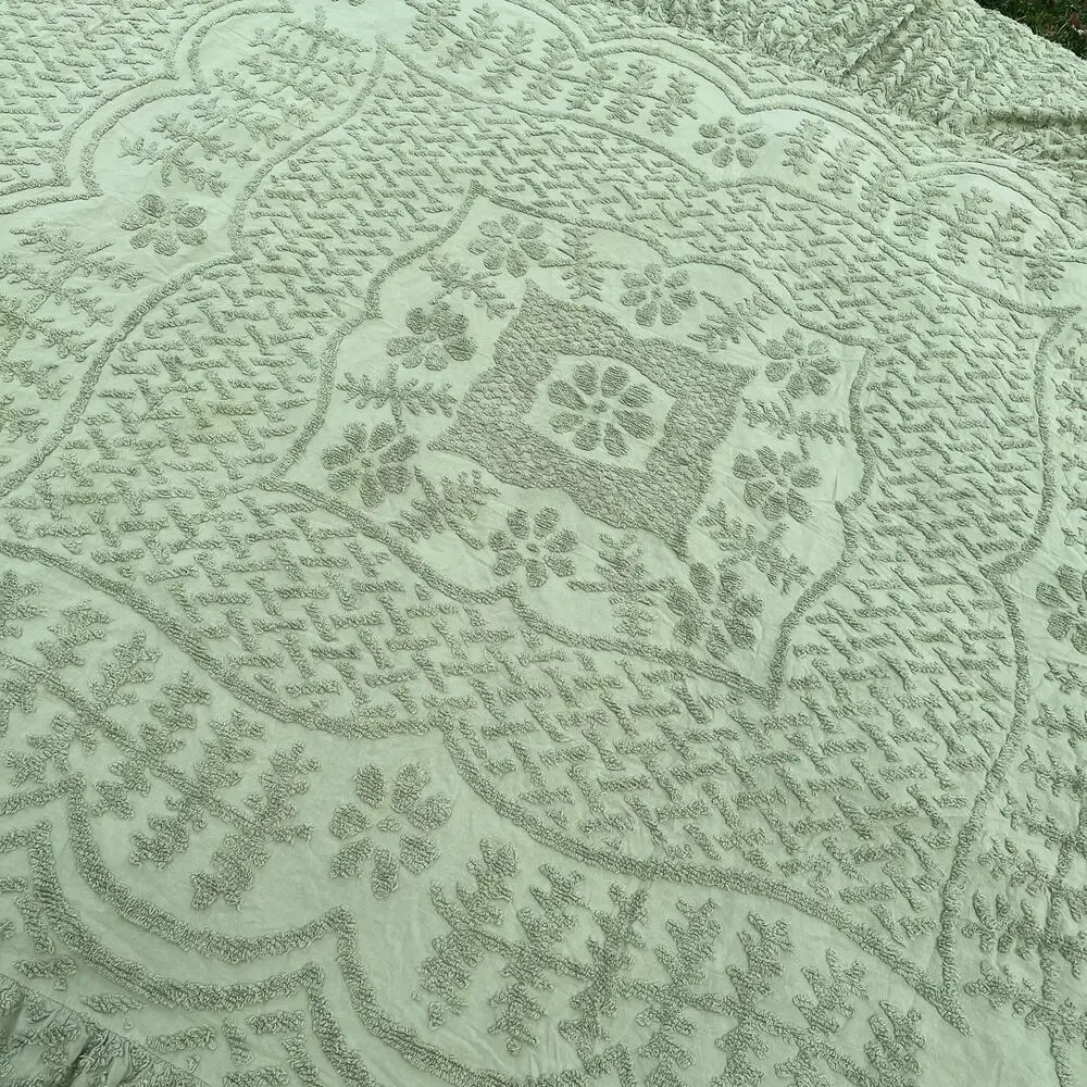 Vintage Chenille Bedspread Green King Size Upcycling Textile Cotton